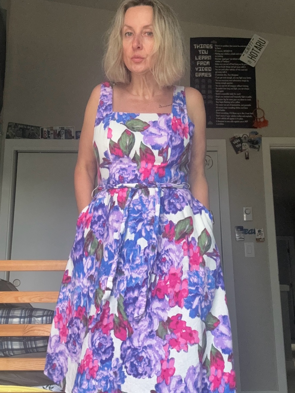 London Times Linen Blend Floral Fit & Flare Midi Dress Pockets Size 14